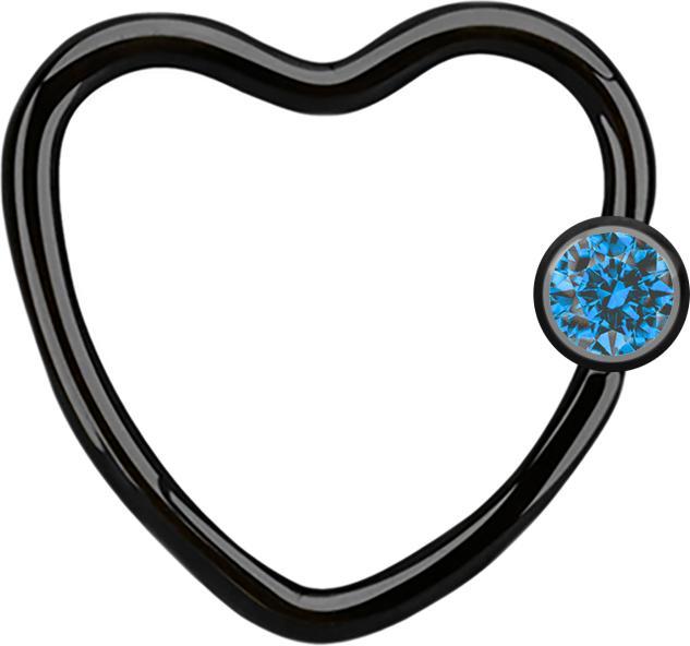 Star Piercing Micro Ball Closure Ring schwarz Herz mit Kristallkugel hellblau (Chirurgenstahl 316L, ohne Messing)
