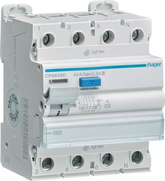 Immagine prodotto Hager CPA640D Interruttore differenziale 4p 10kA 40A 300mA S