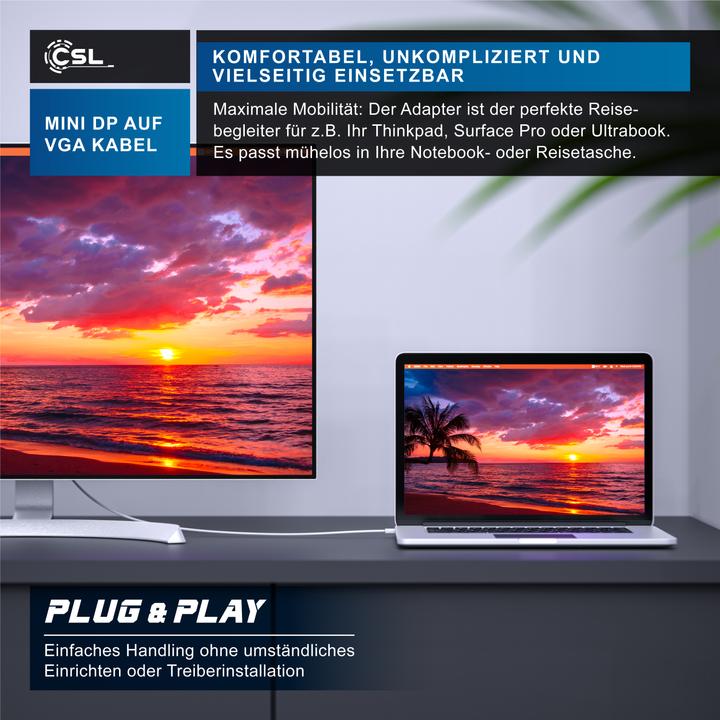 Produktbild CSL Mini Displayport zu VGA Audio Video Kabel, miniDP Monitor Adapter / Thunderbolt 1 & 2 kompatibel (5 m, DisplayPort, VGA)