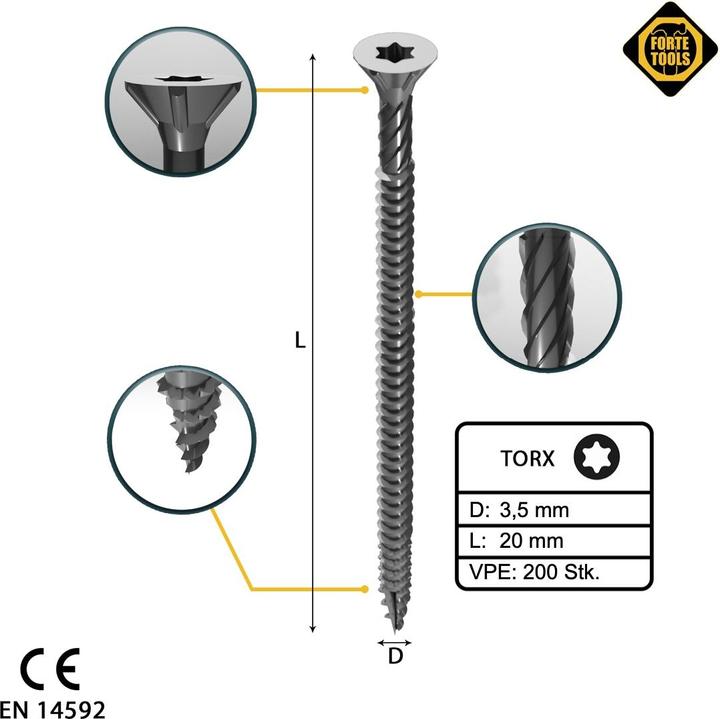 Actual product image Forte tools CHIPBOARD SCR T15 3.5X20 WHITE ZN(200) (200 Screws per piece)