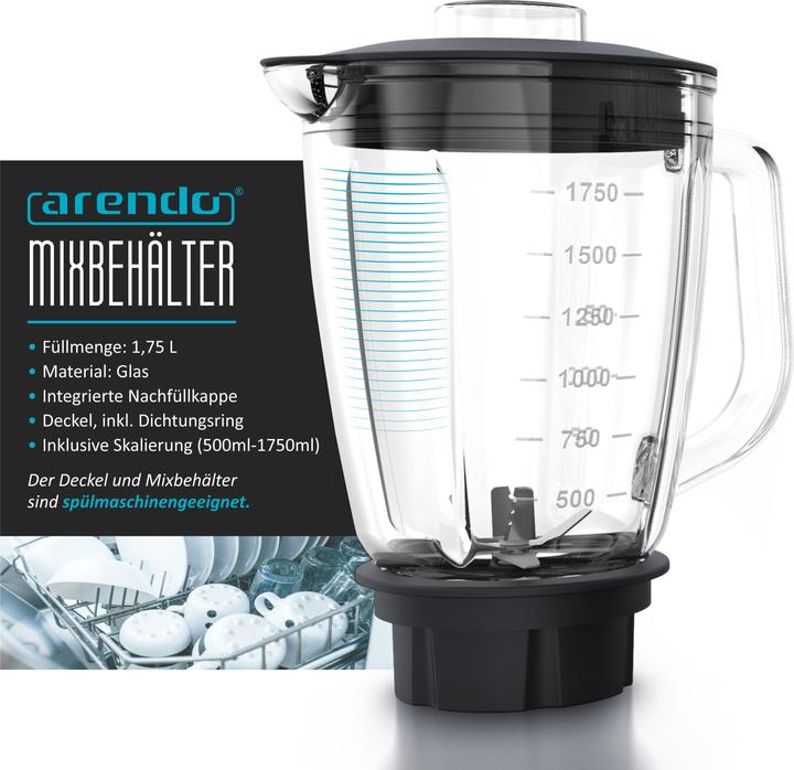 Arendo Edelstahl Standmixer 1400 W, Power Mixer, 1,75l Glasbehälter, Blender, Hochleistungsmixer, silber (1400 W)