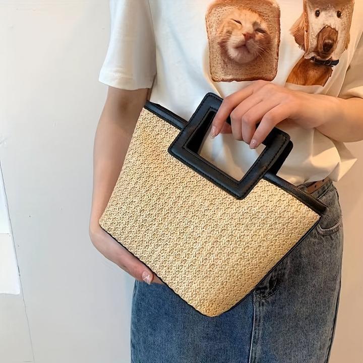 Produktbild Only-Bags.Store Stroh gewebt Handtasche, Boho Style Tote Bag, Sommer Tasche für Frauen, Stroh Kontrast Handtasche
