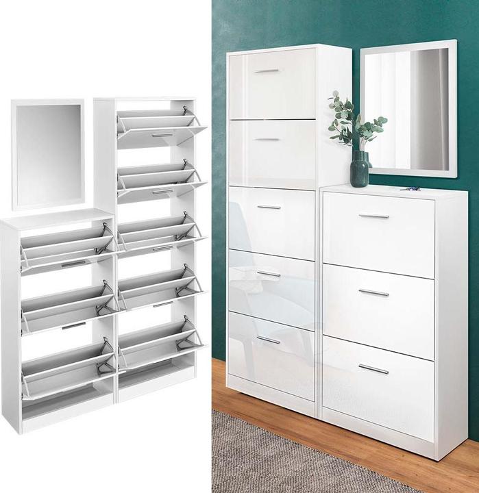 Actual product image Vicco Gizmo shoe trolley, white high gloss/white, set with mirror (45 x 60 x 2 cm, 59 x 170 x 22 cm, 59 x 105 x 22 cm)
