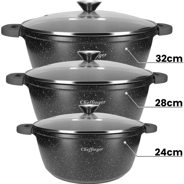 Produktbild Cheffinger 3er-Set: Kochtöpfe mit Marmor-Effekt (32 cm, Römertopf)