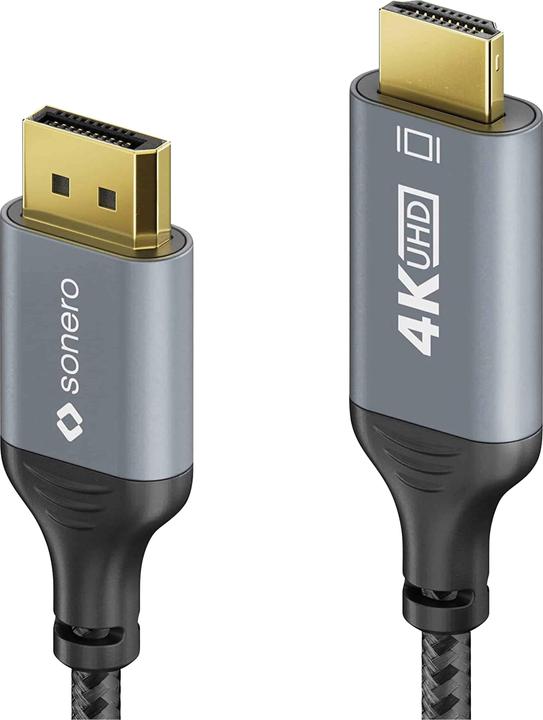 Produktbild Sonero DisplayPort-Kabel, DP/HDMI, Stecker/Stecker, 4K60, grau/schwarz, 1 m (1 m, DisplayPort)