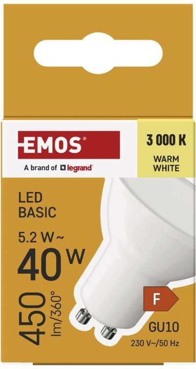 Produktbild Emos LED Lampe Basic MR16 / GU10 / 5,2 W (40 W) / 450 lm / Warmweiss (GU10, 5.20 W, 450 lm, 1 x, F)