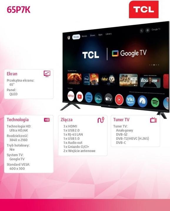 Actual product image TCL P7 65P7K, 165.1 cm (65"), 3840 x 2160 pixels, QLED, Smart TV, Wi-Fi, Metallic (65", QLED, 4K)