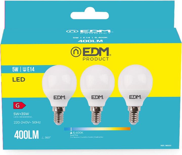 Actual product image EDM Packung mit 3 LED-Lampen 98202 G 35 W 5 W 50 W E14 400 lm Ø 4,5 x 8 cm (6400 K) (E14, 50 W, 400 lm, 3 x, G)