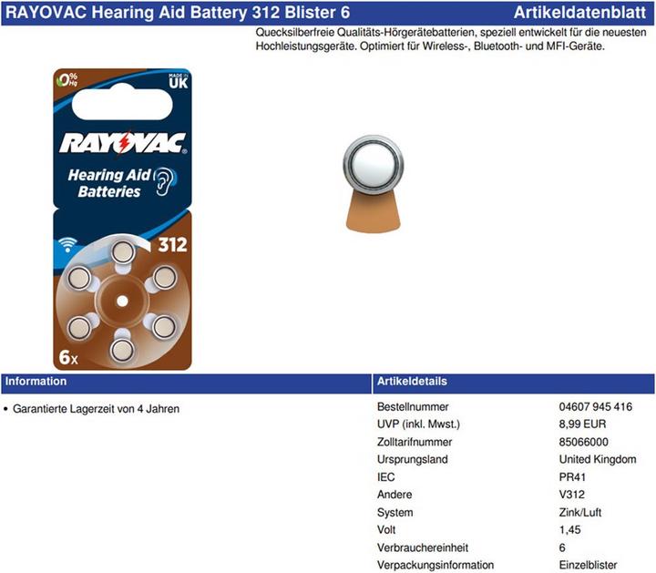 Produktbild Rayovac 60 Stück Hörgeräte Batterie Varta HA312, PR41, 4607, 5000252003205 (60 Stk., 180 mAh)