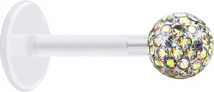Actual product image Star Piercing Micro Labret transparent with crystal ball multicolour and epoxy protective layer (Bioflex, without brass, Surgical steel 316L)