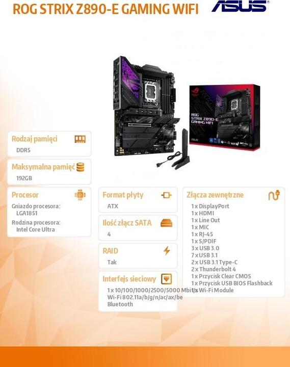 Image du produit ASUS ROG STRIX Z890-E GAMING WIFI (LGA 1851, Intel Z890, ATX)