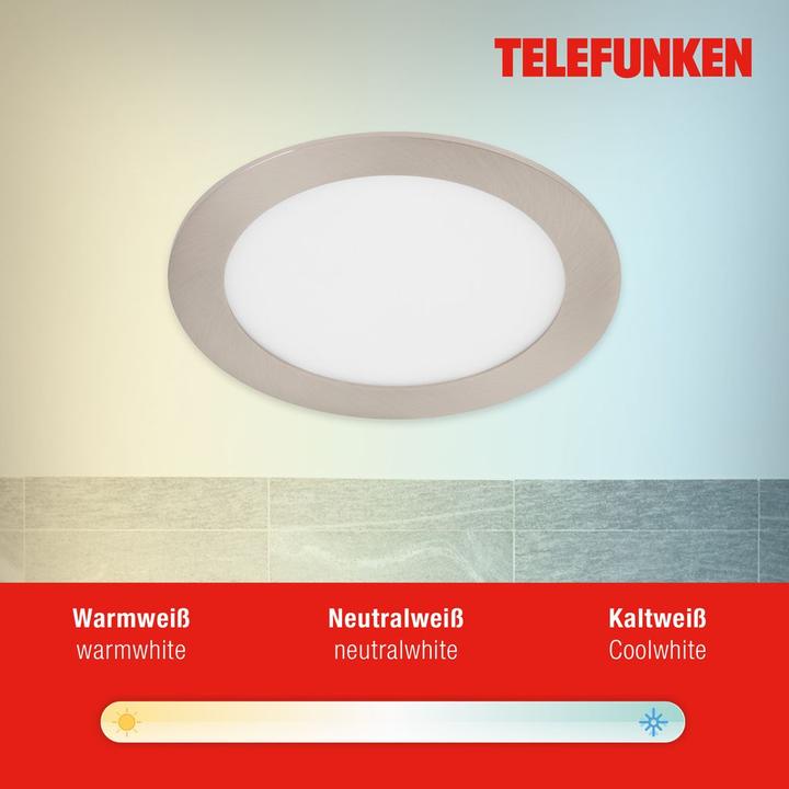 Produktbild Telefunken LED Einbauleuchte IP23 dimmbar WiFi RGBW 12W 1200 lm warmwei - tageslichtwei rund nickel matt 1 (1200 lm)
