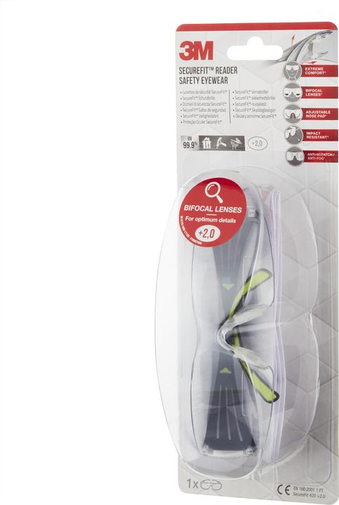 3M SecureFit Reader Safety Glasses, +2.0 diopter