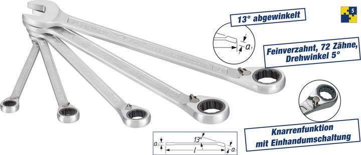 HAZET Ratcheting combination wrench set 606/5 ∙ Outside 12-point traction profile ∙ 8 - 19 ∙ Number… (17 mm, 19 mm, 8 mm, 10 mm, 13 mm)
