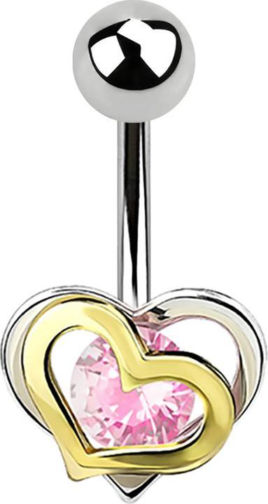 Star Piercing Banane silber Herz in Herz Kristall pink (Messing, Chirurgenstahl 316L)