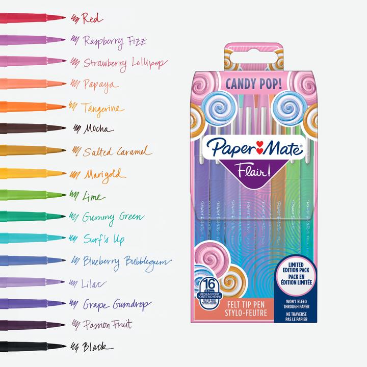 Produktbild Paper Mate Flair Candy Pop (traube, Braun, Orange, Ringelblume, Blueberry Bubblegum, Himbeere, Salted Caramel, Hellgrün, Flieder, 16 x)
