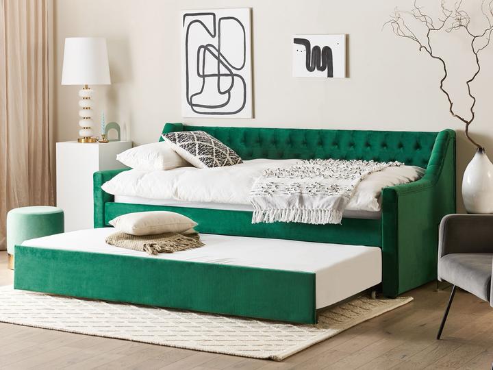 Actual product image Beliani Daybed extendable velvet fabric emerald green slatted frame 90 x 200 cm MONTARGIS (90 x 200 cm)
