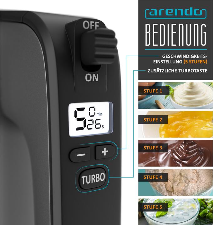 Produktbild Arendo Elektrischer Handmixer, Rührmixer Edelstahl mit Turbostaste, Handrührer inkl. 2 Quirle & 2 Knethaken (350 W)