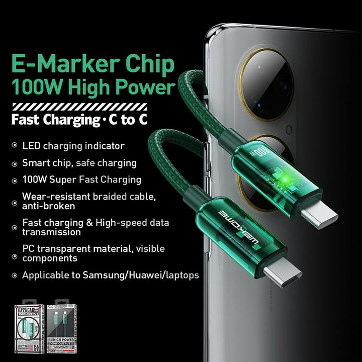Actual product image Wekome WDC-193 Vanguard series - USB-C to USB-C super fast charging connection cable 100 W 1 m (Green) (1 m, 100 W)