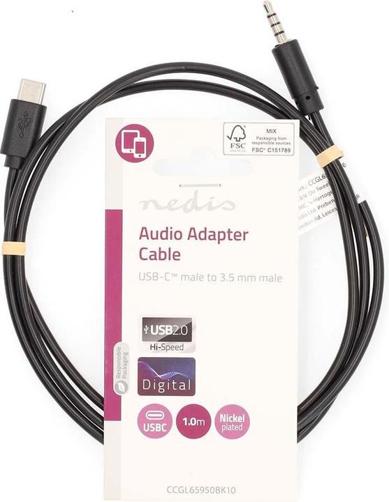 Image du produit Nedis Adaptateur USB-C™ | USB 2.0 | USB-C™ mâle | 3,5 mm mâle | 1,00 m | Rond | Nickelé | Noir (1 m, USB)