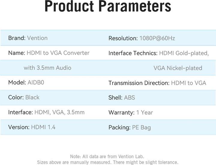 Nutritional values and ingredients Vention Adapter DisplayPort - HDMI HBKB0 (Black) (HDMI, 4.01 cm)