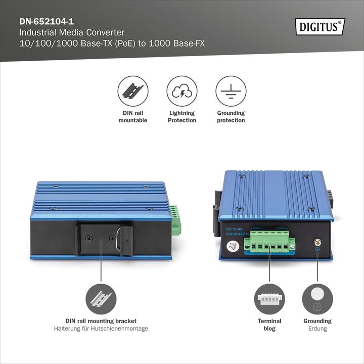 Image du produit Digitus 10/100/1000Base-TX (PoE) to 1000Base-FX Industrial Media Converter (2 Ports)