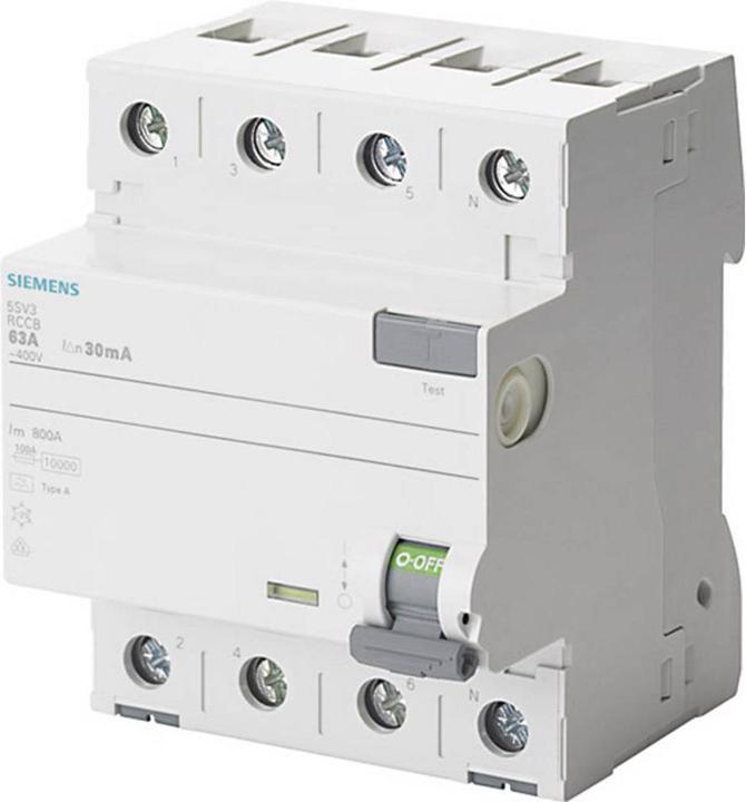 Actual product image Siemens RCD type 63A Npol. 00mA 400V 4TE