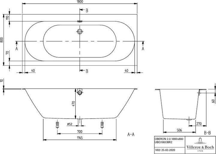 Produktbild Villeroy & Boch V&B Einbauwanne OBERON 2.0 R-eck1800x800mm we (180 cm, 80 cm)