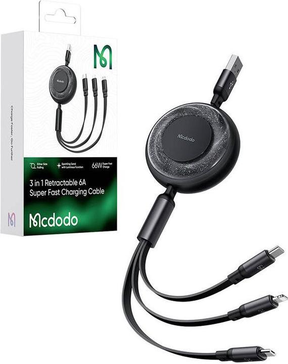 Actual product image Mcdodo 3-in-1 USB-C to USB-C / Lightning / Micro USB cable, CA-3730, 1.2m (black) (1.20 m, 60 W)