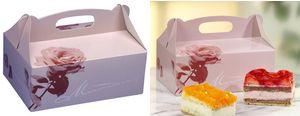 Produktbild Papstar Gebäck-Karton mit Tragegriff, 200 x 130 x 90 mm aus Pappe, Materialstärke: 350 g/qm, Farbe: rosé (20 x)