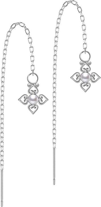 Star Piercing Ohrstecker silber freifallende Kette Perle weiss vier filigrane Herzen (Chirurgenstahl 316L, ohne Messing)