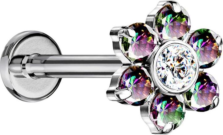 Immagine prodotto Star Piercing Micro Threadless Labret argento fiori cristalli scuri multicolore (senza ottone, Titanio G23)