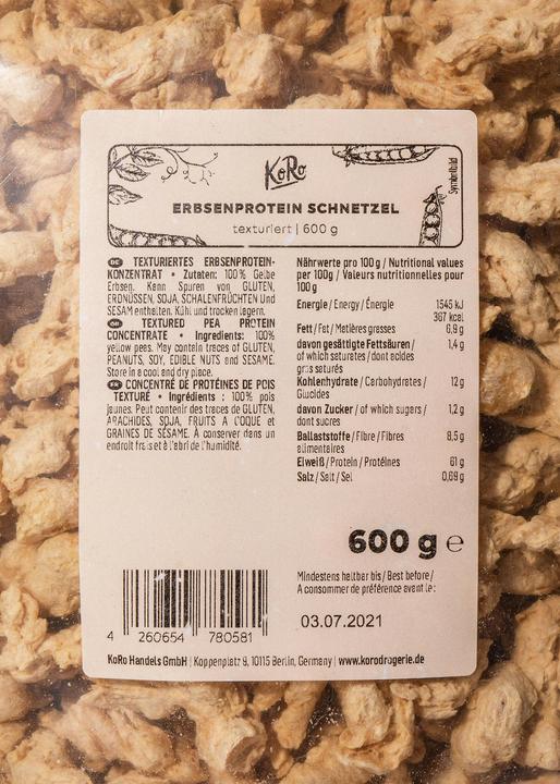 Valeurs nutritives et ingrédients KoRo Concentré de protéines de pois texturé (600 g)