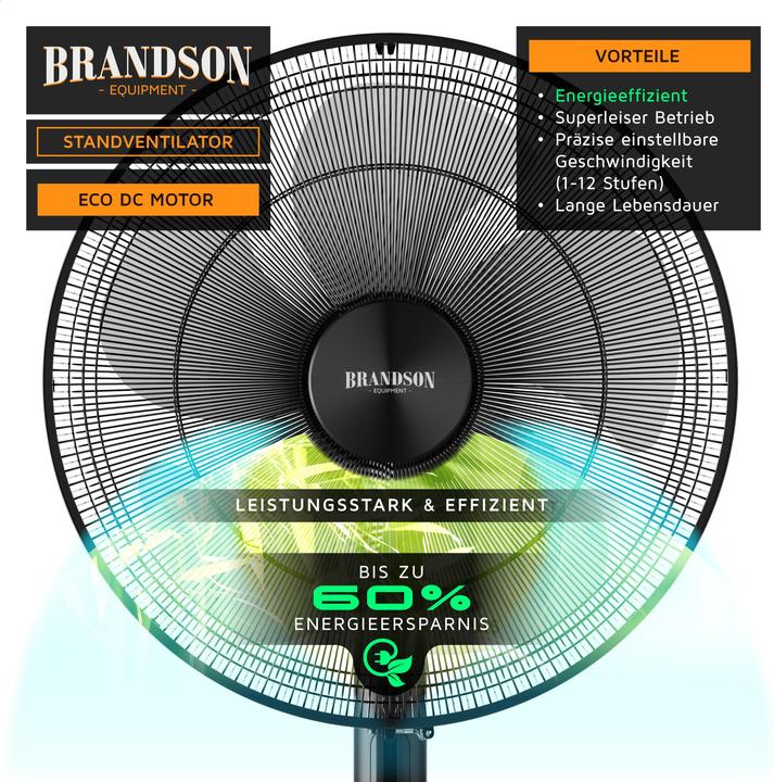Image du produit Brandson Standventilator, Fernbedienung, DC, leise, energiesparend, Oszillation, Timer, 43 cm Ø, 12 Stufen (59 dB)