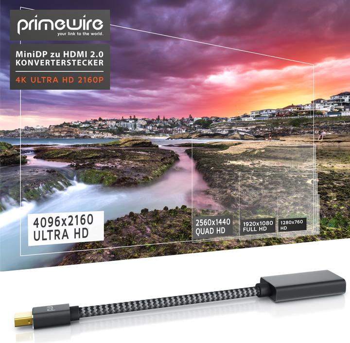 Immagine prodotto Primewire Adattatore da Mini Displayport a Hdmi 2.0 4K, cavo Mini DP, adattatore mDP, 4K@60Hz, Thunderbolt (0.15 m, HDMI)