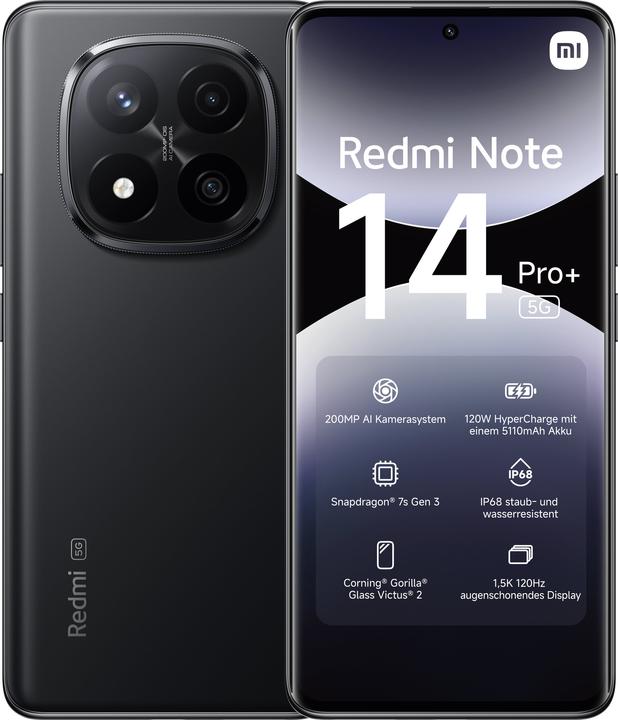 Immagine prodotto Xiaomi Redmi Note 14 Pro+ 5G (256 GB, Midnight Black, 6.67", Doppia SIM, 200 Mpx, 5G)