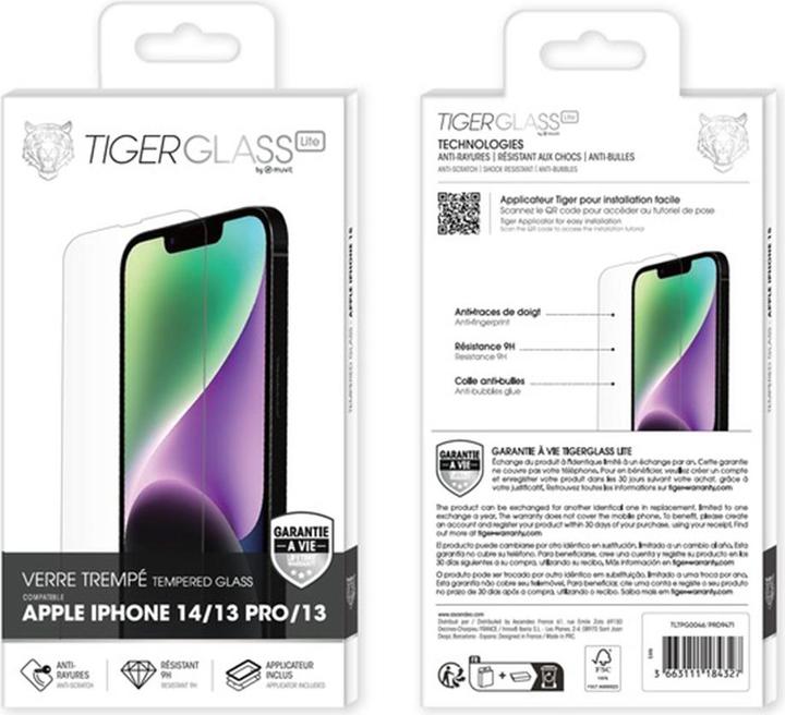 Actual product image Tiger LITE VERRE TREMPE GARANTIE A VIE IPHONE 14/13 PRO/13 (1 Piece, Apple iPhone 13, Apple iPhone 13 Pro)