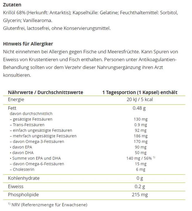 Valori nutrizionali e ingredienti Alpinamed Capsule di olio di krill (120 Pezzo/i, Pillole, 140 g)