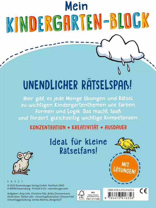 Produktbild Ravensburger Mein Kindergarten-Block: Farben, Formen, Logik (Deutsch, Britta Zimmermann, Anja Lohr, Christine Pätz, 2023)