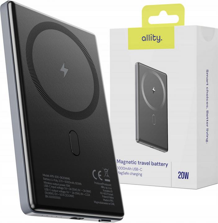 Produktbild Allity wireless power bank APB-300 PD QC 20W 5000 mAh magnetic gray (5000 mAh, 20 W, 15 Wh)