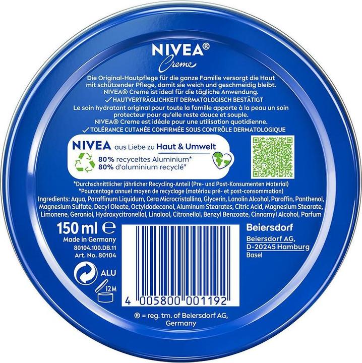 Valeurs nutritives et ingrédients NIVEA Creme Dose (Crème pour le corps, 150 ml)