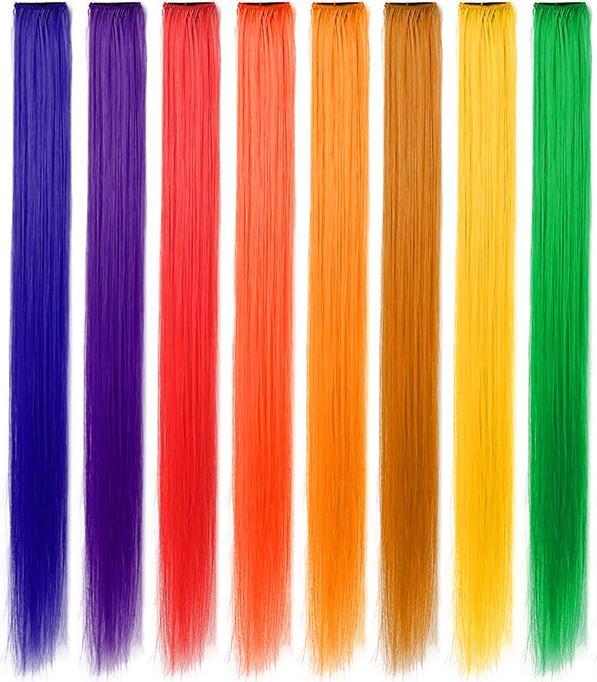 JTI Stück synthetische Haarverlängerungen in verschiedenen Farben (Dunkelorange, Blau, Lila, Braun, Rot, Hellorange, Gelb und Grün, 50 cm)