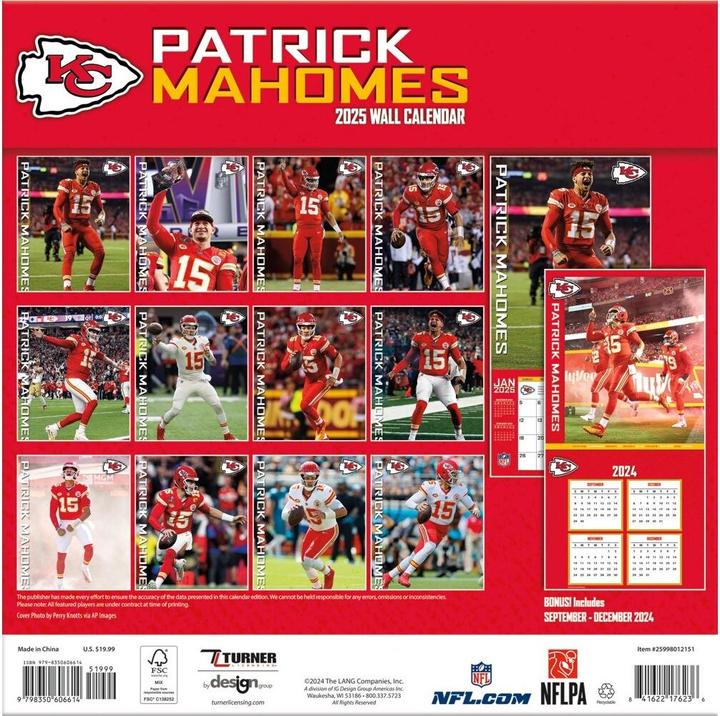 Image du produit NFL - Kansas City Chiefs - Patrick Mahomes - Calendrier mural des joueurs 30.5 x 30.5 cm 2025 (30,5 x 30,5 cm, Français, Italien, Espagnol, Allemand, Anglais)