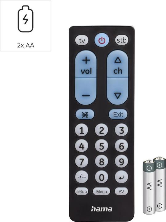 Produktbild Hama Universal-Fernbedienung TV, Infrarot, für 2 Geräte, grosse Tasten, lernfähig (Universal Fernbedienung, Infrarot)