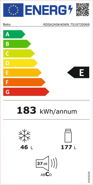 Label énergétique Beko RÉFRIGÉRATEUR 2 PORTES 177 46L CLASSE E BLANC (223 l)