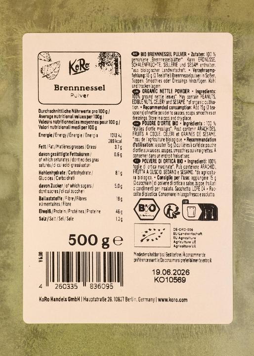 Valori nutrizionali e ingredienti KoRo Polvere di ortica biologica (500 g)