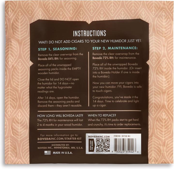 Valeurs nutritives et ingrédients Boveda Humidor-Starter-Set: 2-Wege-Feuchtigkeitsregulierung