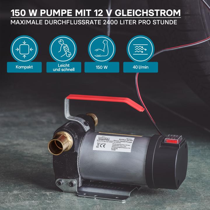Produktbild Wiltec Bio Dieselpumpe 12V 150W 40l/min Heizölpumpe selbstansaugend Absaugpumpe