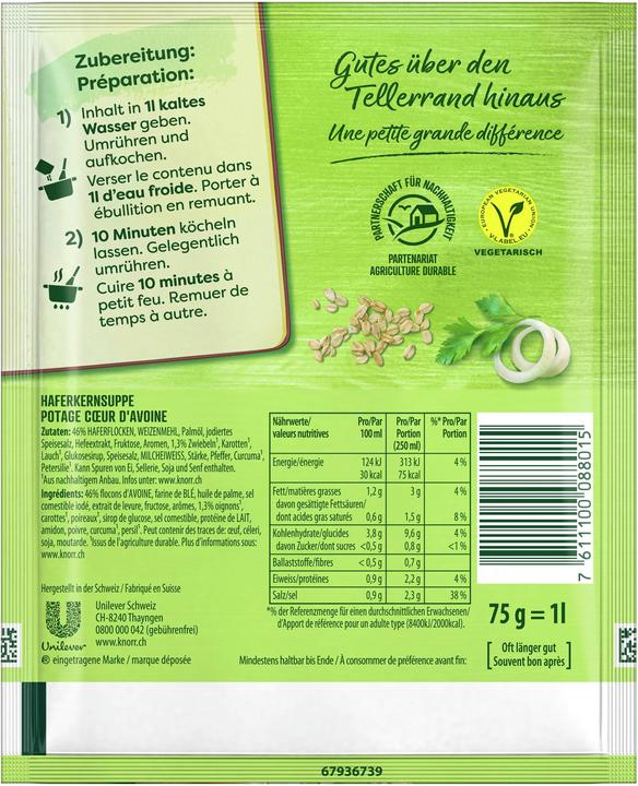 Nährwerte und Zutaten Knorr Haferkern Suppe Beutel, feine crèmige Suppe mit Lauch & Haferkernen, einfach zubereitet