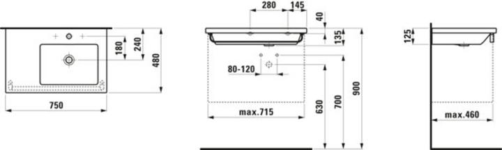 Actual product image Laufen Living Square washbasin, asymmetric, shelf left, 3 tap holes, with overflow, 750x480, white (787 mm, 200 mm)